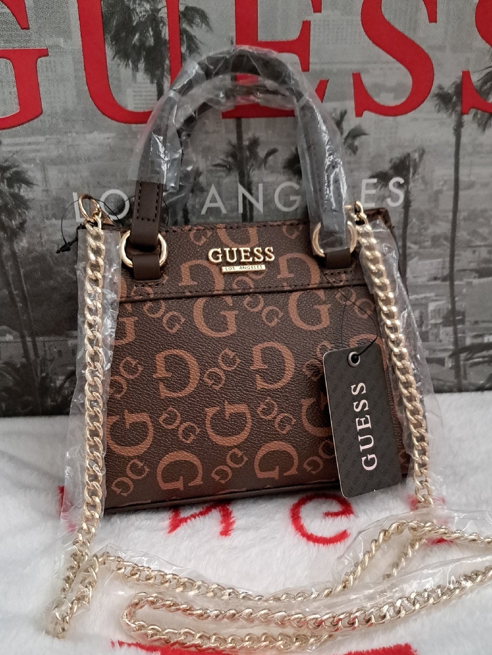 GUESS Brown Logo Mini Satchel Bag Purse with Gold Chain Strap